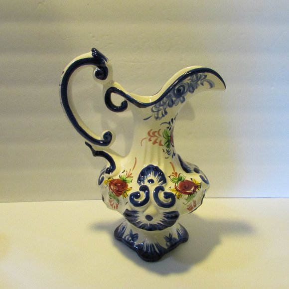 vintage ceramic white and blue pitcher floral design Potuguese kitchen decor - Picture 2 of 7